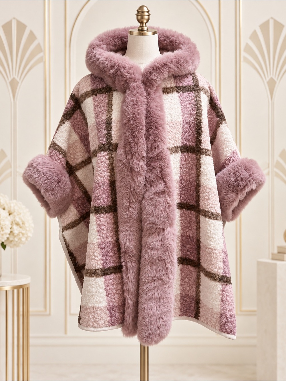 🆕😍 LUV!Luxury Plaid Faux-Fur Trim Hooded Capelet Pink / Cream